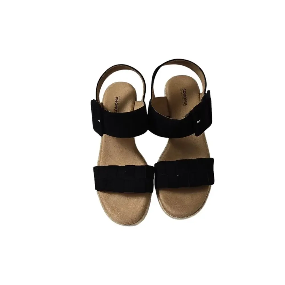 Black Suede Espadrille Wedge Sandals Size 6 Ankle Strap Memory Foam Open Toe